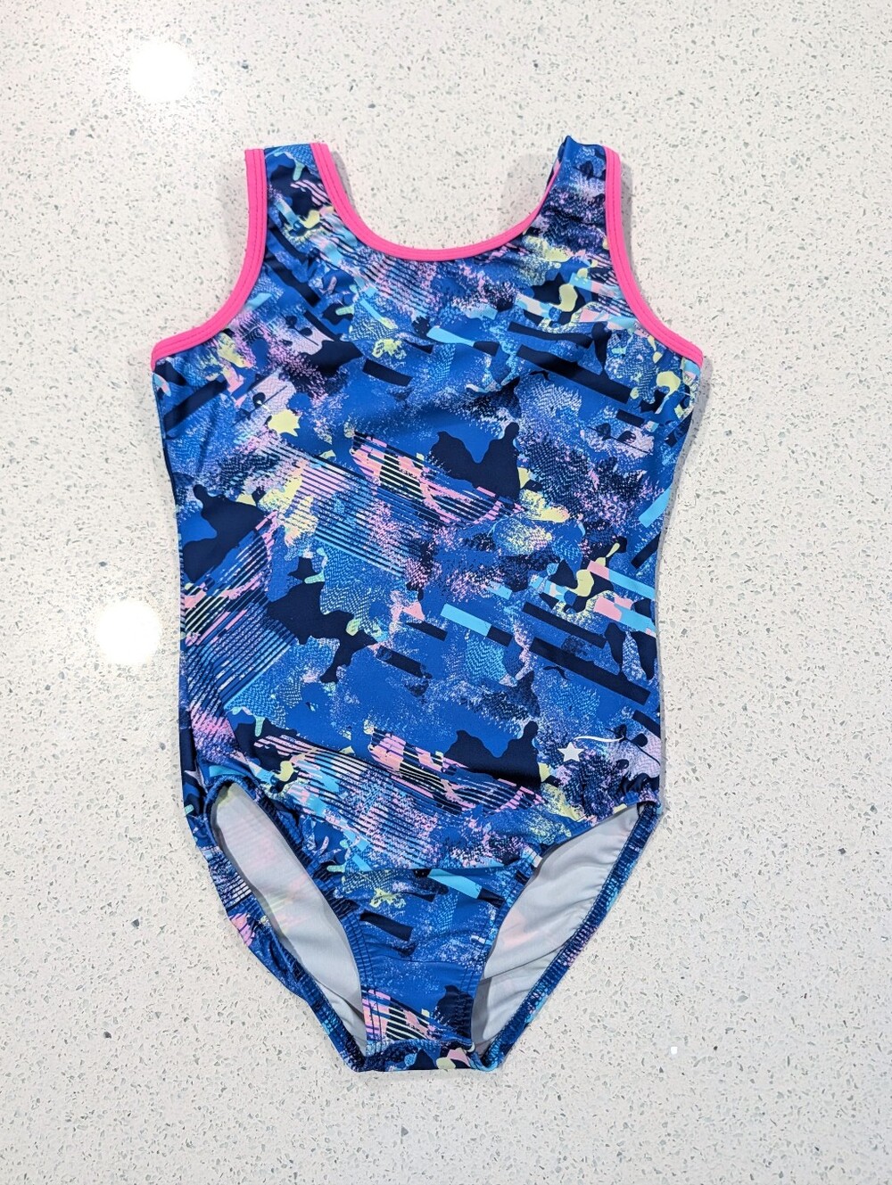 80's Y2K Style Destira Gymnastics Dance Leotard Medium CM Blue Denim Pink Trim
